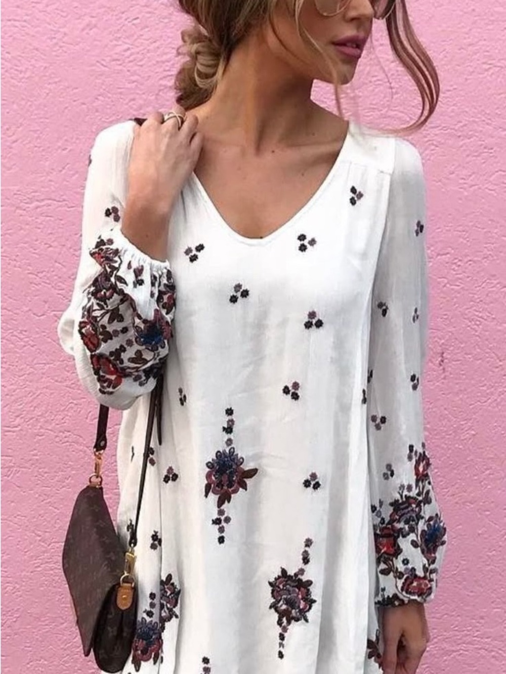 Free People White Embroidered Boho V-Neck Tunic